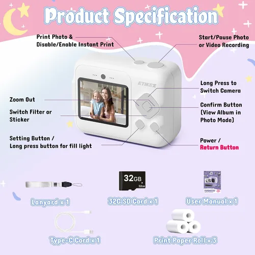 Miniatura 5 de Cámara para niños, cámara de impresión digital instantánea de 1080P para niños, regalos de Navidad y cumpleaños para niñas y niños de 4, 5, 6, 7, 8