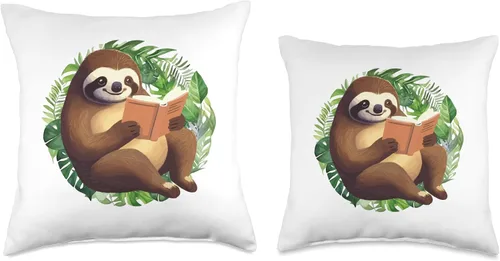 Miniatura 3 de Cute Sloth Reading a Book Almohada de tiro 16x16, multicolor