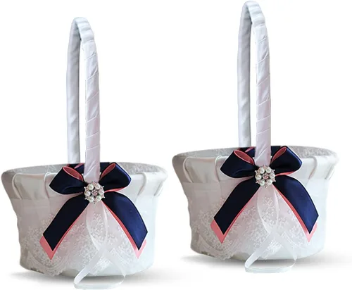 Miniatura 7 de Juego de almohada y cesta de anillo de marfil Colección de encaje niña de flores y cesta de bienvenida para invitados, cestas de boda hechas a