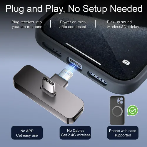 Miniatura 3 de Paquete de 2 micrófonos inalámbricos mini Lavalier de solapa para iPhone, teléfono Android (2 en 1) - micrófonos duales inalámbricos con clip de 65