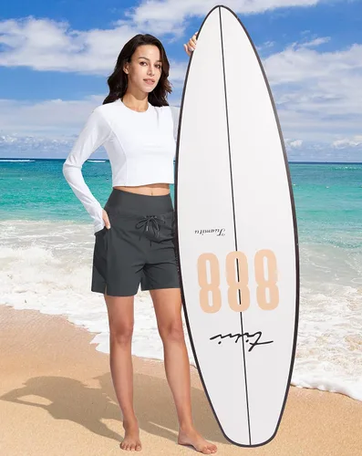 Miniatura 6 de Viodia Pantalones cortos de natación de cintura alta de 5 pulgadas para mujer con bolsillos con cremallera UPF 50+ pantalones cortos de playa