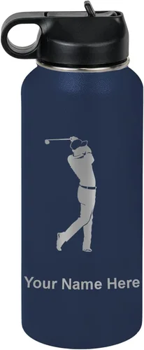 Miniatura 57 de LaserGram Botella de agua personalizada, golfista de golf, acero inoxidable de doble pared aislada al vacío con popote superior, regalo grabado Negro