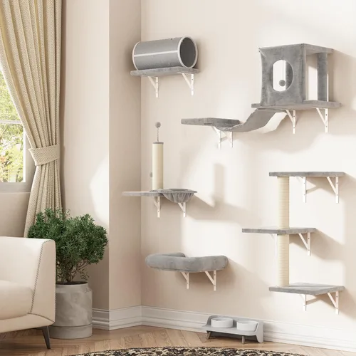 Miniatura 21 de NUNU LAB Juego de muebles para gatos montados en la pared, juego de 6 piezas para escalar con casa, puente, escalones, tabla rascadora - Paredes
