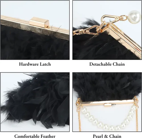 Miniatura 4 de Bolsos de mano de plumas para mujer, bolsos de noche esponjosos de perlas para boda, aniversario, fiesta