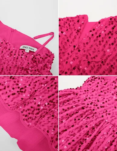 Miniatura 4 de GRACE KARIN Vestido de lentejuelas para niñas, vestido de fiesta de boda de un hombro con lazo para el pelo, 5-12 años