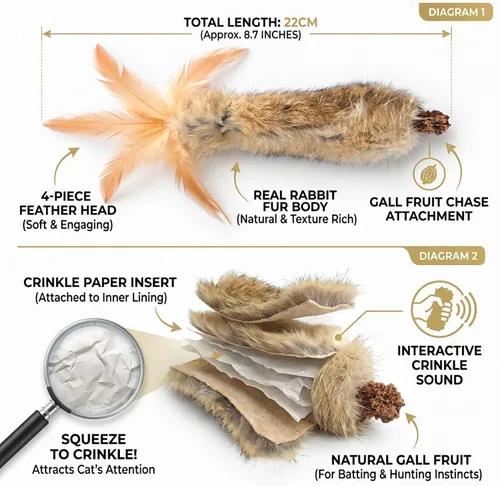 Miniatura 3 de Juguetes para gatos con plumas de piel de conejo real, 3 piezas de hierba gatera de juguete de fruta de gallo y papel arrugado para patear