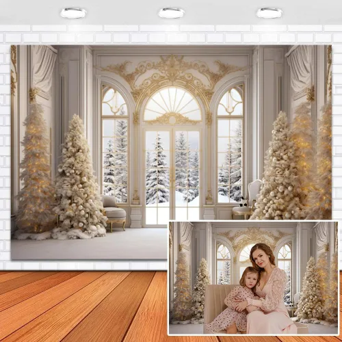 Leowefowa Fondo de vinilo de 5 x 3 pies para fotografía de ventana de invierno, pino, bosque de nieve, copo de nieve de Navidad, fondo de ventana