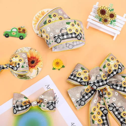 Miniatura 4 de Whaline Cinta vintage con borde de alambre para camión de girasol, para primavera y verano, diseño floral de búfalo a cuadros, cinta de envoltura