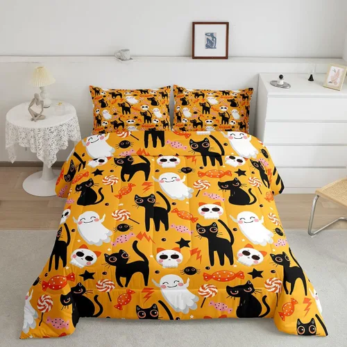 Miniatura 2 de Erosebridal Juego de edredón de Halloween para niños, tamaño individual, juego de ropa de cama de calavera de azúcar para decoración de habitación