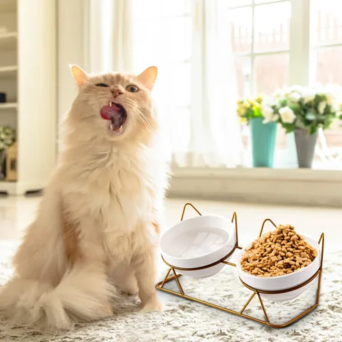 Miniatura 6 de Trosetry Cuencos para gatos, cuencos dobles de cerámica para mascotas con soporte elevado inclinado 15° para alimentos y agua, comedero antivómito