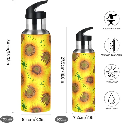 Miniatura 2 de Insulated Water Bottle 20 Oz, Leakproof Water Bottles for Gym Outdoor Travel School, Vibrant Sunflowers Bright Yellow