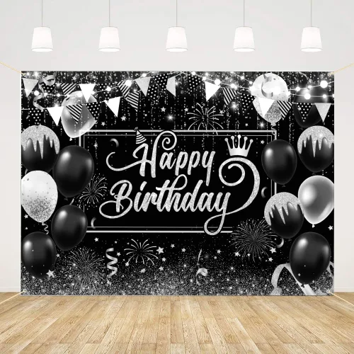 Miniatura 11 de AIBIIN Telón de fondo de feliz cumpleaños para hombre, fondo de fotografía dorado, globos negros, decoraciones de fiesta de cumpleaños, pancarta