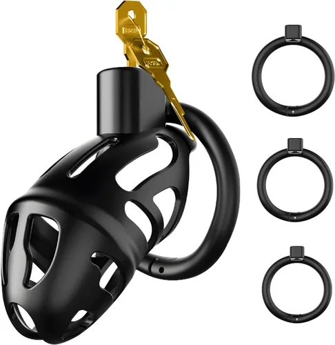 Jaula de castidad masculina, dispositivos de castidad con cinturón de jaula para pene ligera, con 3 tamaños de anillos y bloqueo invisible, juguetes