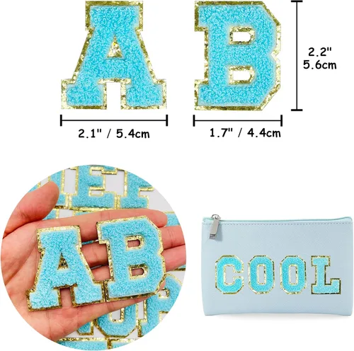 Miniatura 6 de Jongdari Parches de letras de chenilla autoadhesivas y termoadhesivas, parche universitario mullido del alfabeto con purpurina, 26 unidades, azul