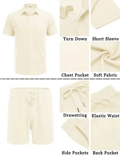 Miniatura 5 de COOFANDY Conjunto de camisa polo y pantalones cortos de punto gofre para hombre, conjunto de 2 piezas, traje de verano casual con bolsillos