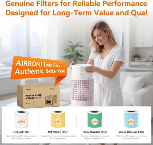 Miniatura 9 de Purificador de aire AIRROMI para dormitorio con filtro HEPA 3-en-1, purificador de aire para mascotas para el hogar con olor a orina de gato, cubre