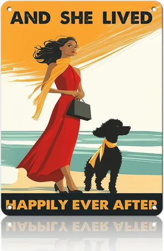 Miniatura 11 de Cartel de metal vintage con texto en inglés "Girl and She Lived Happily Ever After Dog" (Poodle Girl and She Lived Happily Ever After Dog), letrero
