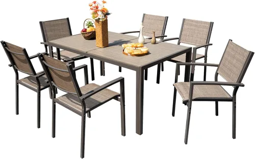 Devoko Juego de comedor para patio, 7 piezas, muebles de exterior con mesa rectangular y 6 sillas apilables, juego de conversación familiar para