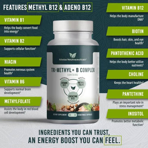 Miniatura 4 de Vitaminas B metiladas del complejo B Tri-Methyl+ - Suplemento vitamínico del complejo de metilo B de espectro completo para apoyo MTHFR con formas