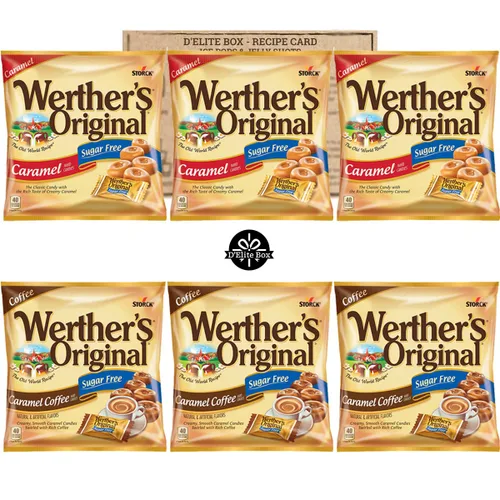 Werthers - Paquete variado de 6 bolsas (1.46 onzas) de dulces duros sin azúcar, dos sabores, café de caramelo y caramelo, 3 bolsas cada una y viene