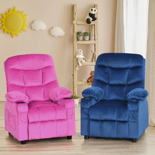 Miniatura 10 de Costzon Silla reclinable para niños con soporte para tazas, silla de salón de terciopelo ajustable con reposapiés y bolsillos laterales
