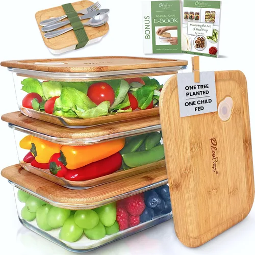 EcoPreps Recipientes de vidrio para preparar comida con tapas de bambú (paquete de 3) - 100% libres de plástico, contenedores de almuerzo