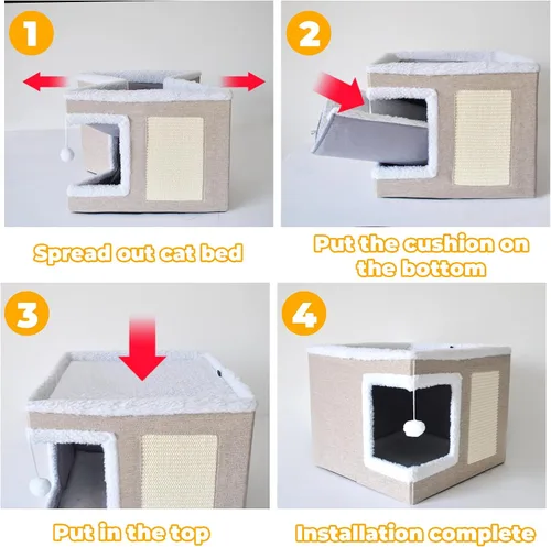 Miniatura 3 de Cama para gatos de interior, casa cubo, cama grande cubierta para gatos, cueva y muebles con bola esponjosa y almohadilla para rascar, nido