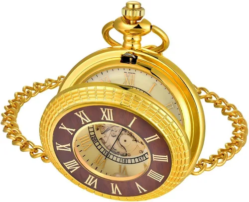 Miniatura 3 de Wood Grain Hollow Design Vintage Pocket Watch, Roman Numerals Scale Quartz Pocket Watch with Chain for Xmas Fathers Day GIF