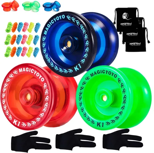 Paquete de 3 yoyos para principiantes para niños, MAGICYOYO K1-Plus Responsive Yo Yos + 3 guantes de yoyo, 3 bolsas de yoyo, 18 cuerdas, todo en una