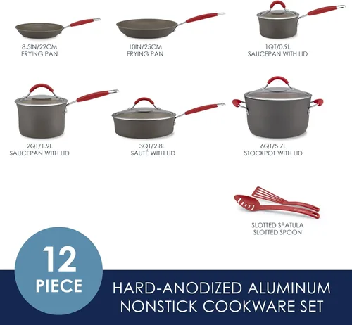 Miniatura 2 de Rachael Ray - 87630 Rachael Ray Cucina Juego de Utensilios de Cocina de Ollas y Sartenes Antiadherentes Anodizadas Duras, 12 Piezas, Gris con Asas