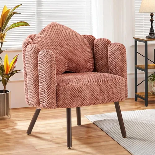Furniliving Silla de tocador de terciopelo rosa, silla decorativa con patas y almohada de madera, silla de lectura de pétalos para dormitorio, sala
