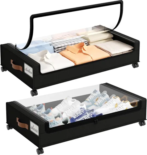 Miniatura 15 de Yecaye Almacenamiento Debajo de la Cama con Ruedas, 2 Paquetes de Cajas de Almacenamiento Debajo de la Cama con Tapas Transparentes y Etiqueta, 60L