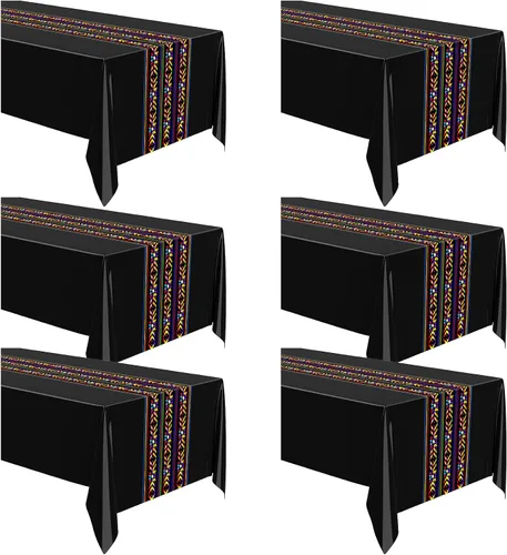 Miniatura 7 de Oudain Mantel de plástico para fiesta mexicana, 6 unidades, 108 x 54 pulgadas, tejido arcoíris, desechable, impermeable, festivo, para decoración