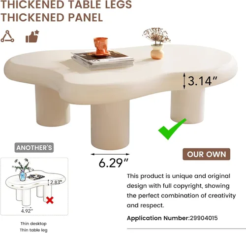 Miniatura 3 de Mesa de centro en forma de nube de 46.06 pulgadas, moderna mesa de centro blanca con borde redondo con 3 patas de soporte resistentes y mesa de 3.14