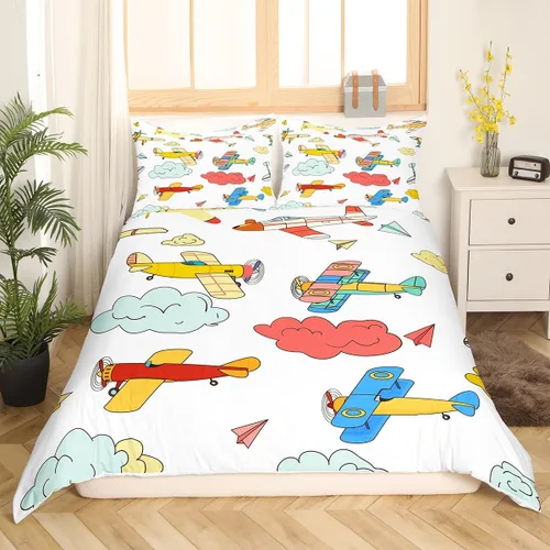 Miniatura 8 de Erosebridal Funda de edredón de avión tamaño individual, juego de ropa de cama de aviones de dibujos animados para adolescentes, color verde azulado