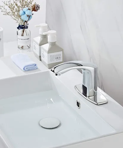 Miniatura 8 de Grifo automático para lavabo de baño con tapa de orificio, sensor de placa, sin contacto, grifo de tocador cromado de doble alimentación, manos Cromo