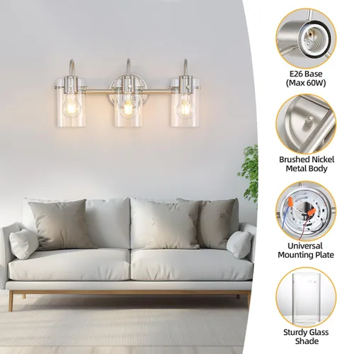 Miniatura 3 de Lámpara de tocador de 3 luces, apliques de pared de baño de níquel cepillado, lámpara de pared moderna con pantalla de vidrio transparente, lámpara