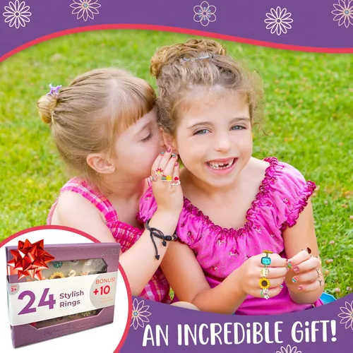 Miniatura 4 de Anillos de joyería para niños, 24 anillos ajustables de simulación, joyería de juego en caja de regalo morada, único, gran regalo de cumpleaños