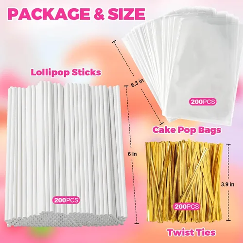 Miniatura 2 de 300 piezas de palitos para pastel pop y envolturas, palitos para pastel pop de 15 cm con lazos para caramelos, chocolates, galletas y dulces