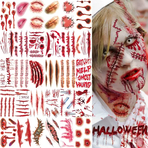 Miniatura 2 de VANTATY Juego de 215 piezas de 30 hojas de tatuajes de cicatrices falsas 3D, kit de maquillaje temporal de Halloween, puntadas falsas, tatuajes