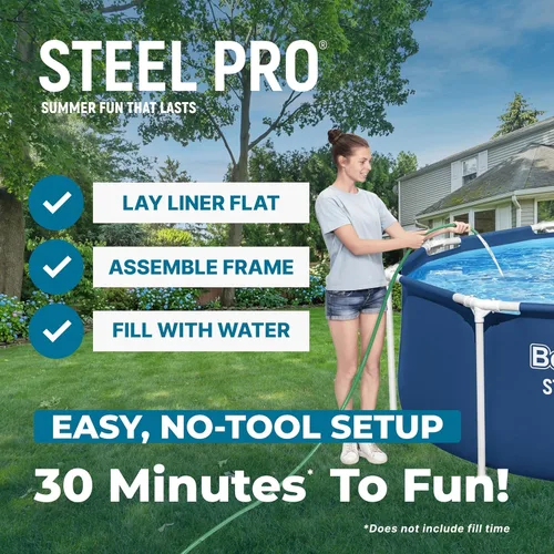 Miniatura 4 de Bestway Steel Pro - Juego de piscina redonda de 10 pies x 30 pulgadas con marco sobre el suelo, para exteriores, con bomba de filtro de 330 GPH, azul