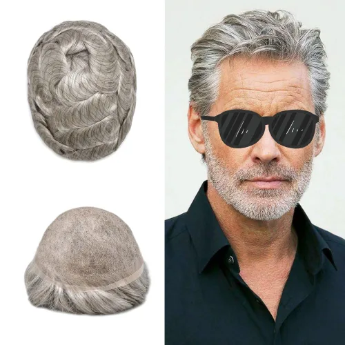 Miniatura 11 de PUNRU HAIR Completo Swiss Lace Toupee para hombres Sistema de cabello humano real Sistema de reemplazo de cabello humano para hombre Toupee