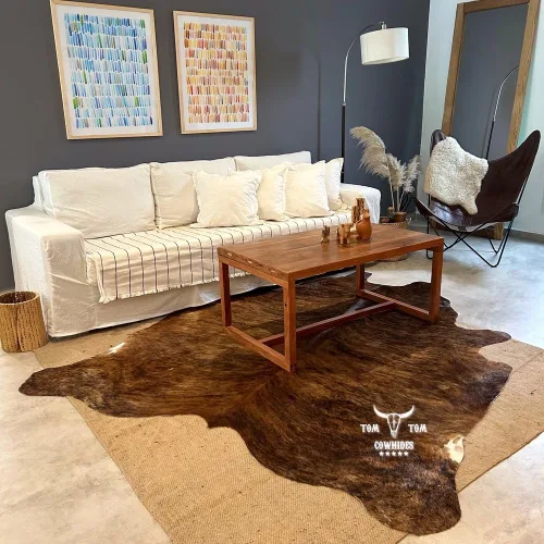 Miniatura 2 de Alfombra De Piel De Vacuno 7x6 Brindle Rojo Marrón Negro Cuero Natural