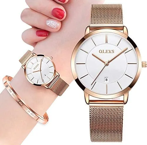 Miniatura 2 de OLEVS Reloj de regalo para mujer con pulsera de oro rosa para mujer minimalista simple delgado casual analógico de cuarzo impermeable dos tonos