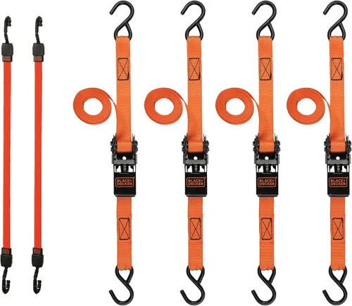 Black+Decker BDX1018 - Juego de 6 correas de trinquete de 10 pies y correa elástica de 36 pulgadas, carga de trabajo segura de 300 libras,