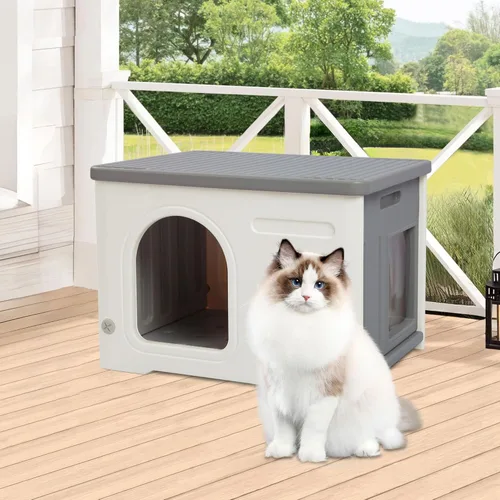 Miniatura 8 de Casa de plástico para gatos para interiores y exteriores, casa impermeable para gatos con puerta de escape para gatos salvajes exteriores, refugio