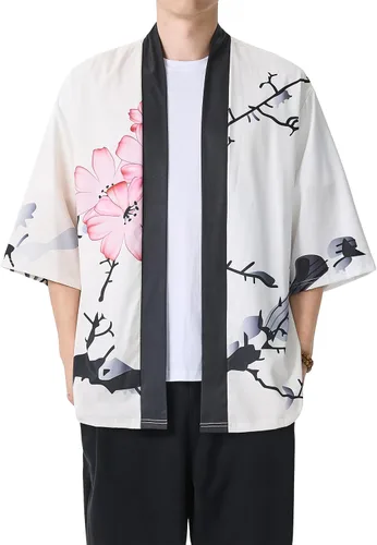 Miniatura 29 de PRIJOUHE Chaqueta Kimono Ligera para Hombre de Manga Tres Cuartos con Frente Abierto Cárdigan Estilo Japonés