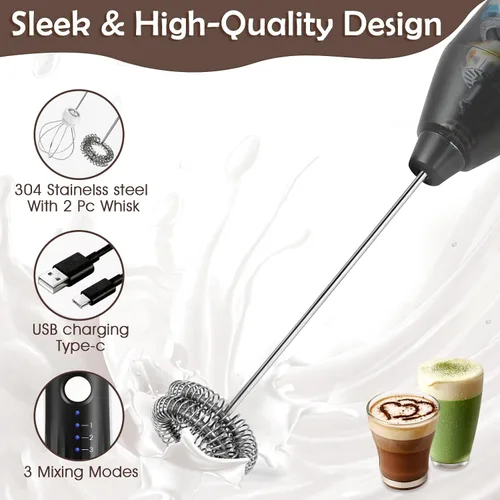 Miniatura 5 de Espumador de leche recargable de mano, batidor eléctrico para café, desmontable con 2 batidores de acero inoxidable, batidora de mano para lattes