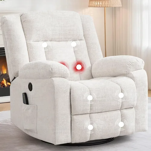 Korser Mecedora reclinable, sillas reclinables deslizantes para adultos, silla mecedora giratoria de 360° con masaje y calefacción, silla de Blanco