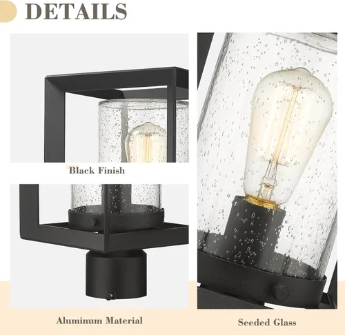 Miniatura 3 de Emliviar Luces de Poste Accesorio para Exteriores, Farol de Poste de 1 Luz, Acabado Negro, Vidrio Granulado, 2083P BK